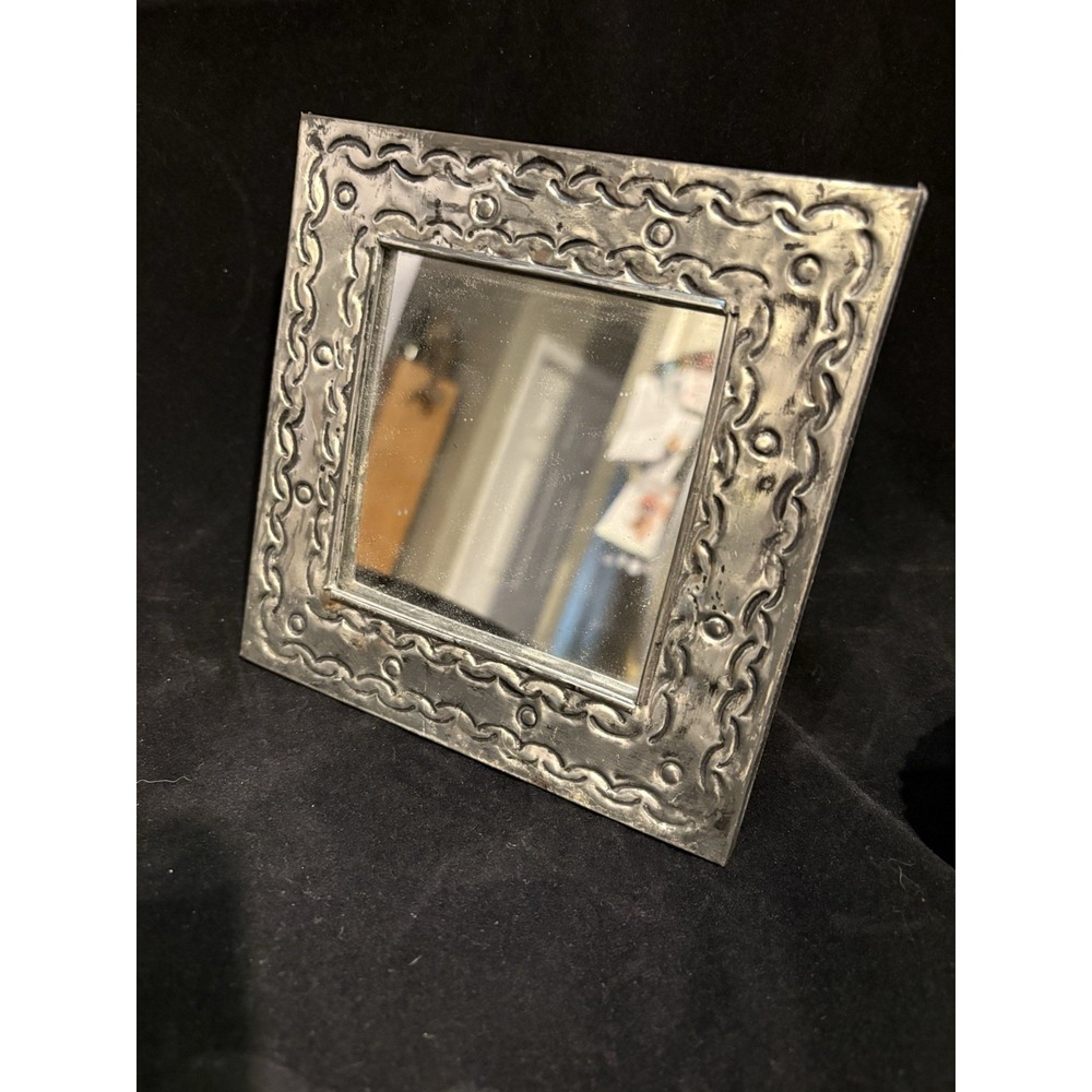 Handcrafted Embossed Metal Mirror Easel back Silver Tone Made in Mexico 6 x6"